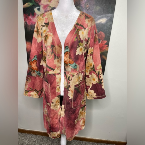 Anthropologie Solitaire NWT Faux Suede Butterfly Floral Long Line Open Jacket M - Picture 2 of 12